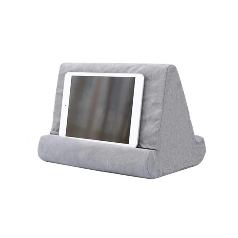 Soft gray triangular tablet pillow stand with fleece cover