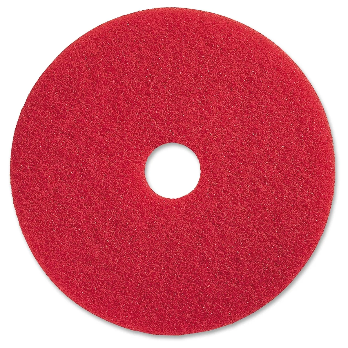 Five red circular floor buffing pads in a carton