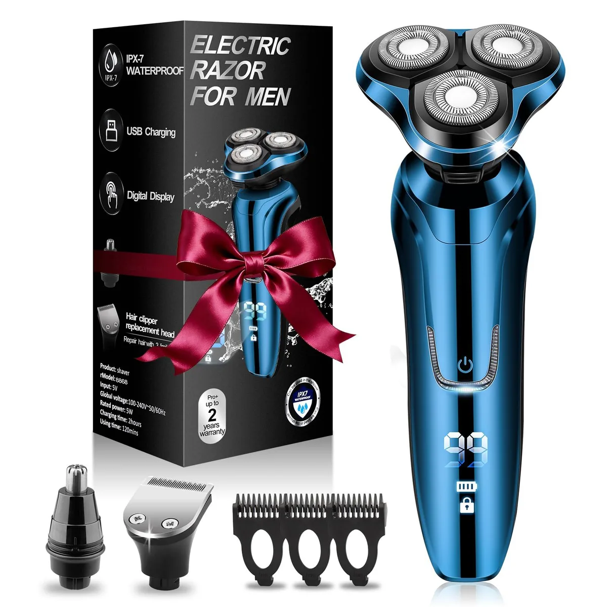 Blue rotary electric shaver with LED display, lightweight at .34 kg