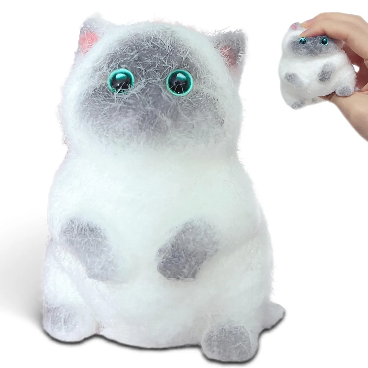 Set of four small squishy cat balls in Siamese, grey, orange and brown, soft silicone finish