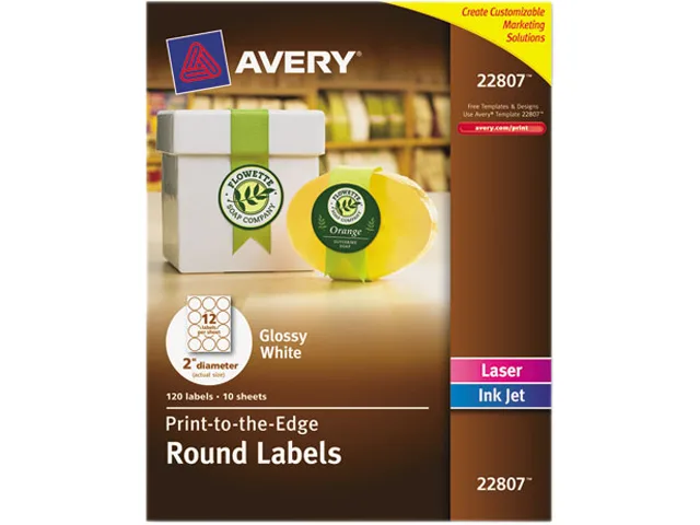 White glossy circular labels on a rectangular sheet, twelve per sheet