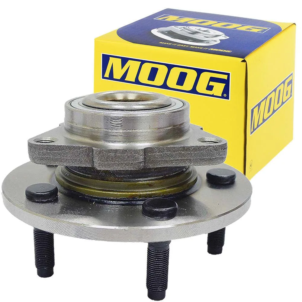 Black steel front wheel hub assembly with triangular flange and five lug bolts