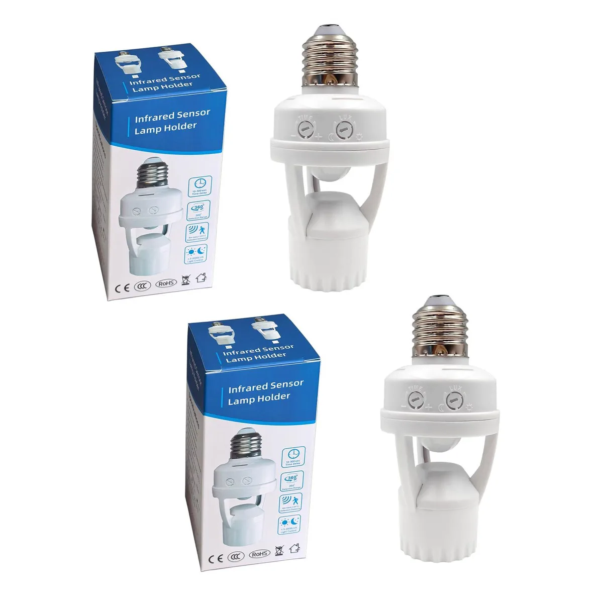 Two white plastic E26 E27 motion sensor light sockets with adjustable dials