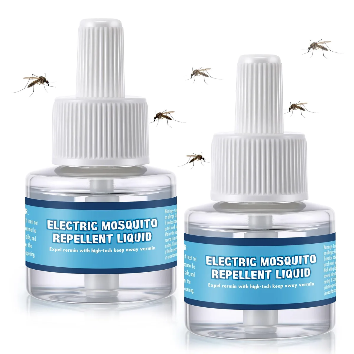 Two small cylindrical refill bottles with clear liquid and white caps