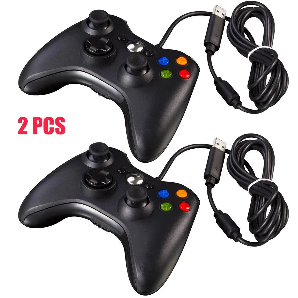 Compact wired USB gamepad with glossy black finish and symmetrical analogue sticks