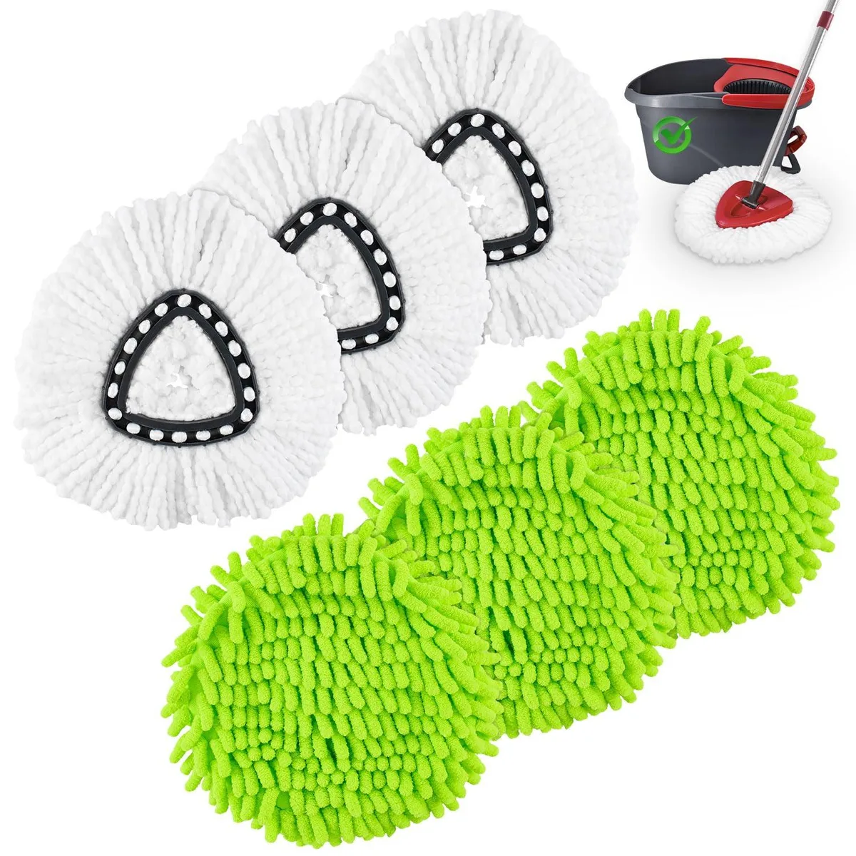Six green and white microfibre mop heads in a pack