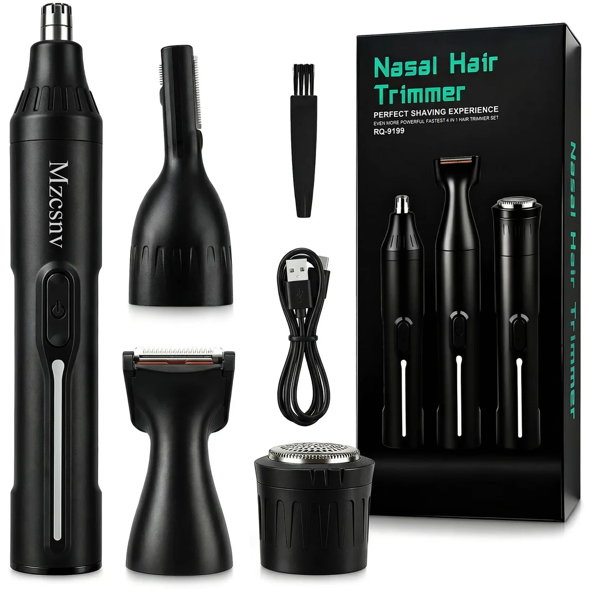 Black cylindrical grooming trimmer with four snap-on heads, charging base and cleaning brush