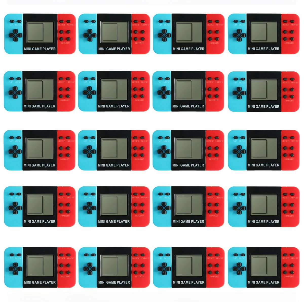 Twenty multicolour plastic arcade keychains with built-in screens and buttons, each about 2.7 by 1.2 inches