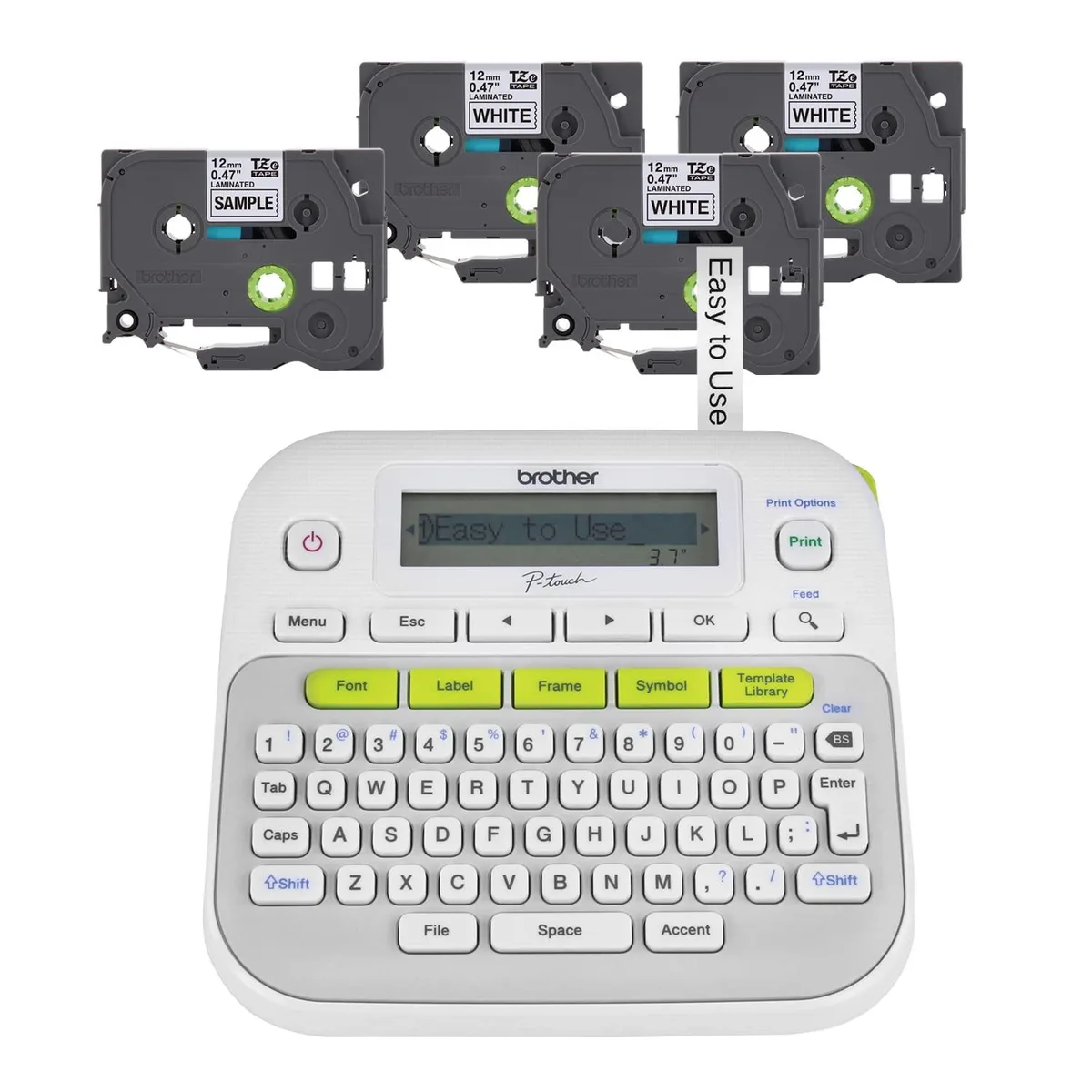 White rectangular label printer with keyboard and display, bundled tape cassettes visible