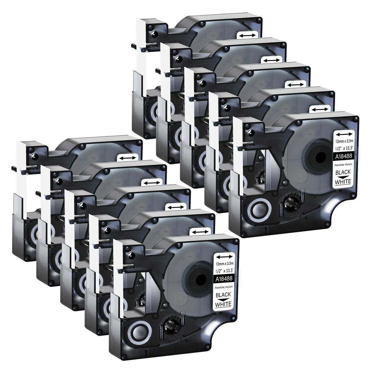 GREENCYCLE GREENCYCLE 10PK Industrial Flexible Nylon Label 18488 Black/White 12mm x 11.5ft — product photo