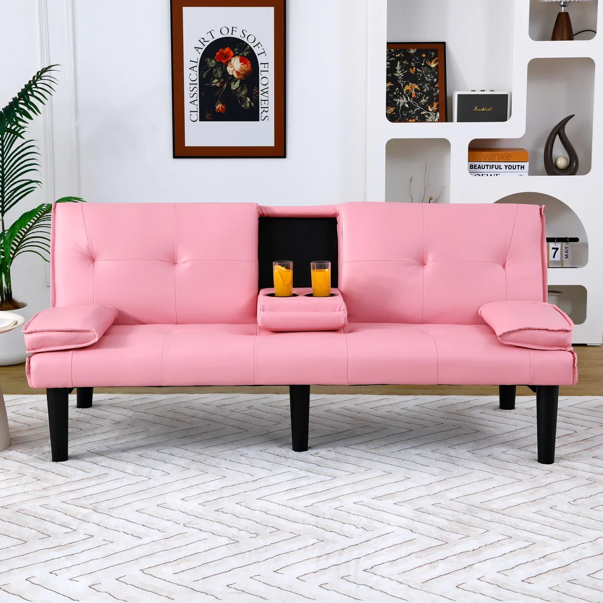 Pink PVC sofa bed, 67 inches wide, with foldable cup holder