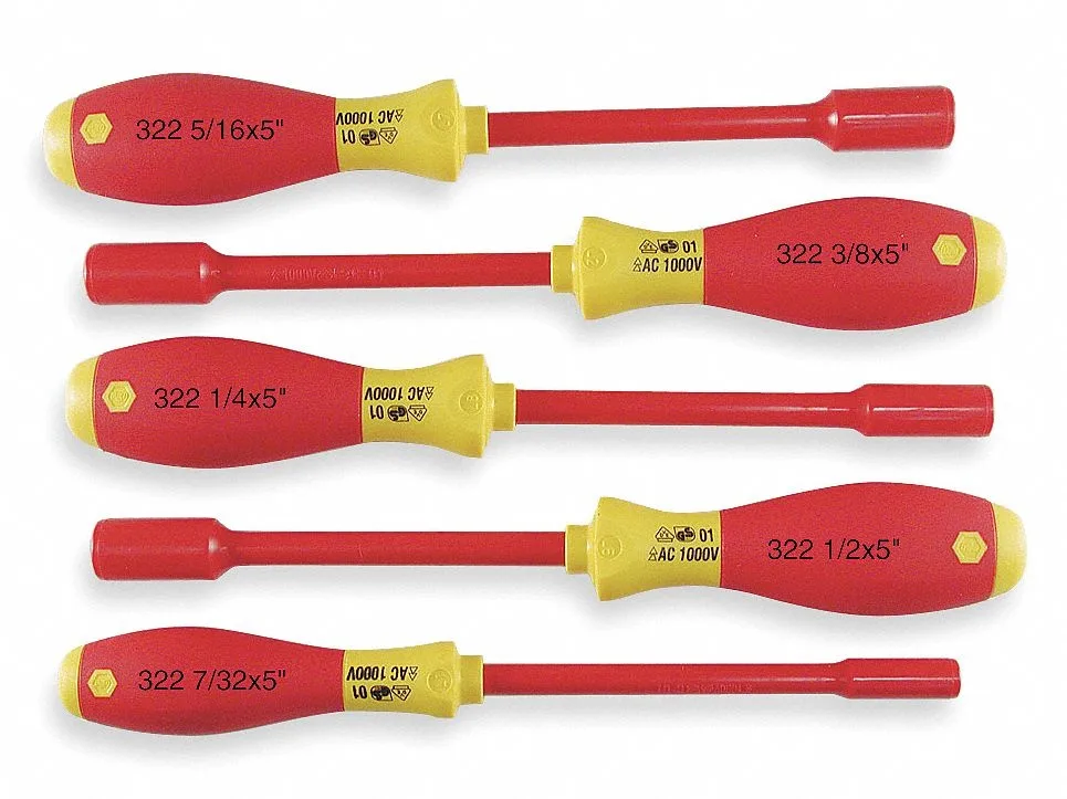 Five SAE nut drivers with red and yellow handles