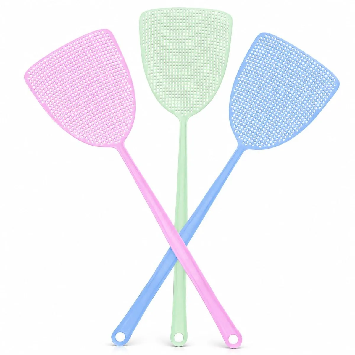 Three plastic fly swatters in pink, green and blue with vented paddles and long handles