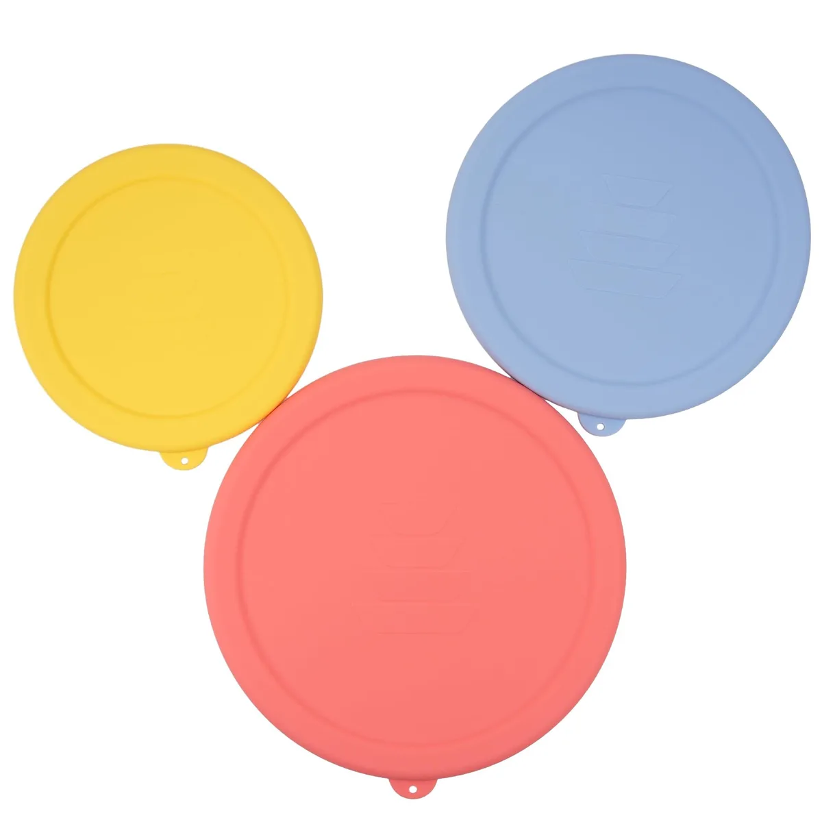 Three colourful round silicone lids in small medium large sizes