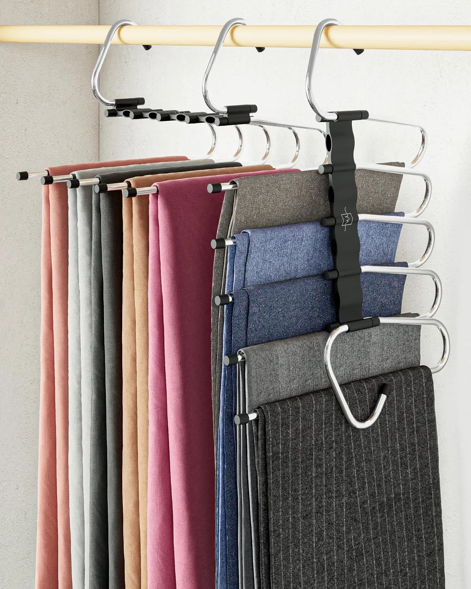 Two black five-tier hangers with horizontal rods and open ends
