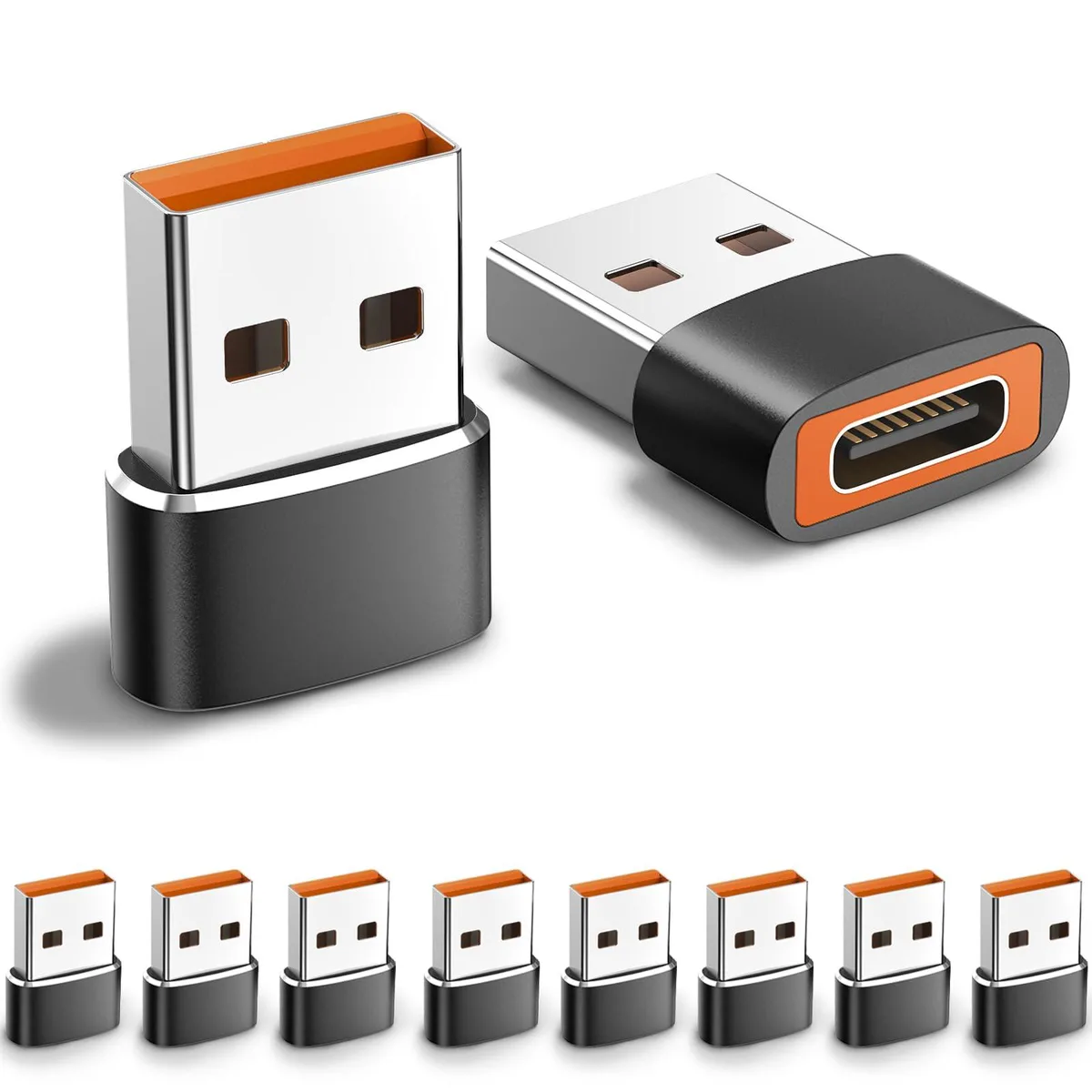 Ten small black rectangular USB-A to USB-C adapters with metallic finish