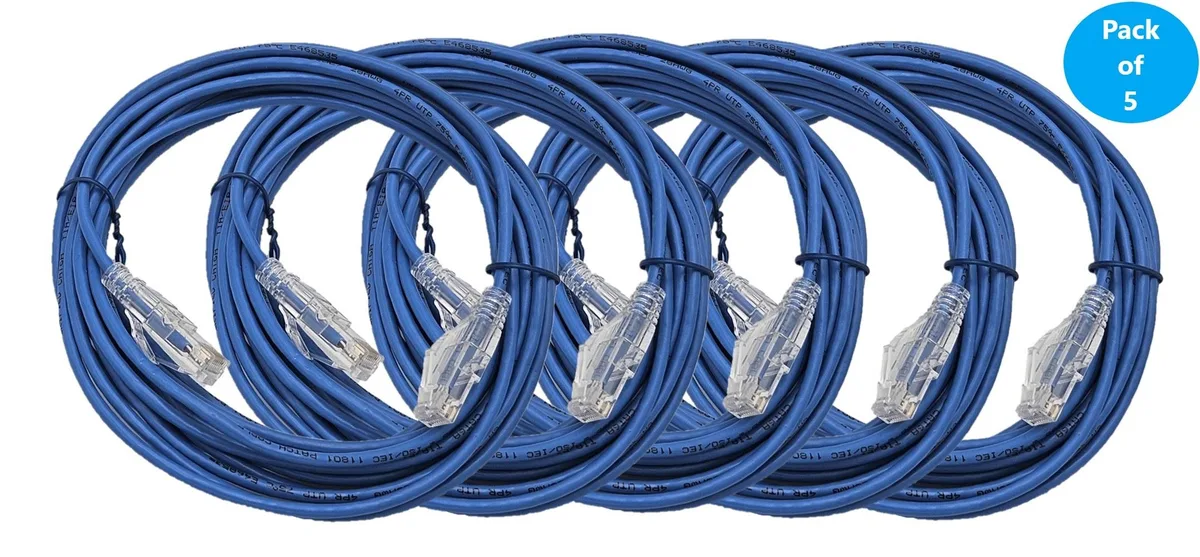 Micro Connectors Micro Connectors CAT6A Ultra Slim 10 ft 28 AWG Blue 5-Pack — product photo