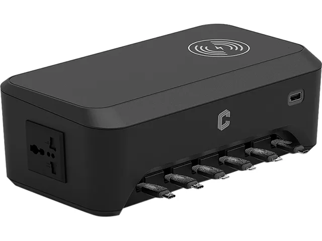 Rectangular desktop charging station with retractable cables, wireless pad, AC outlet and USB ports