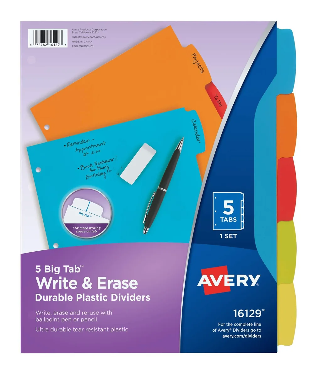  Avery 16129 Write &amp; Erase Dividers 5-Tab Multicolor — product photo