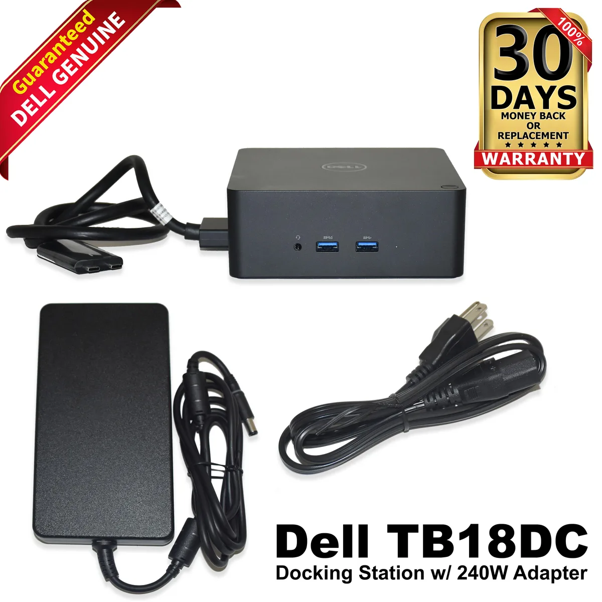 Black rectangular Dell docking station with multiple ports and 240W adapter