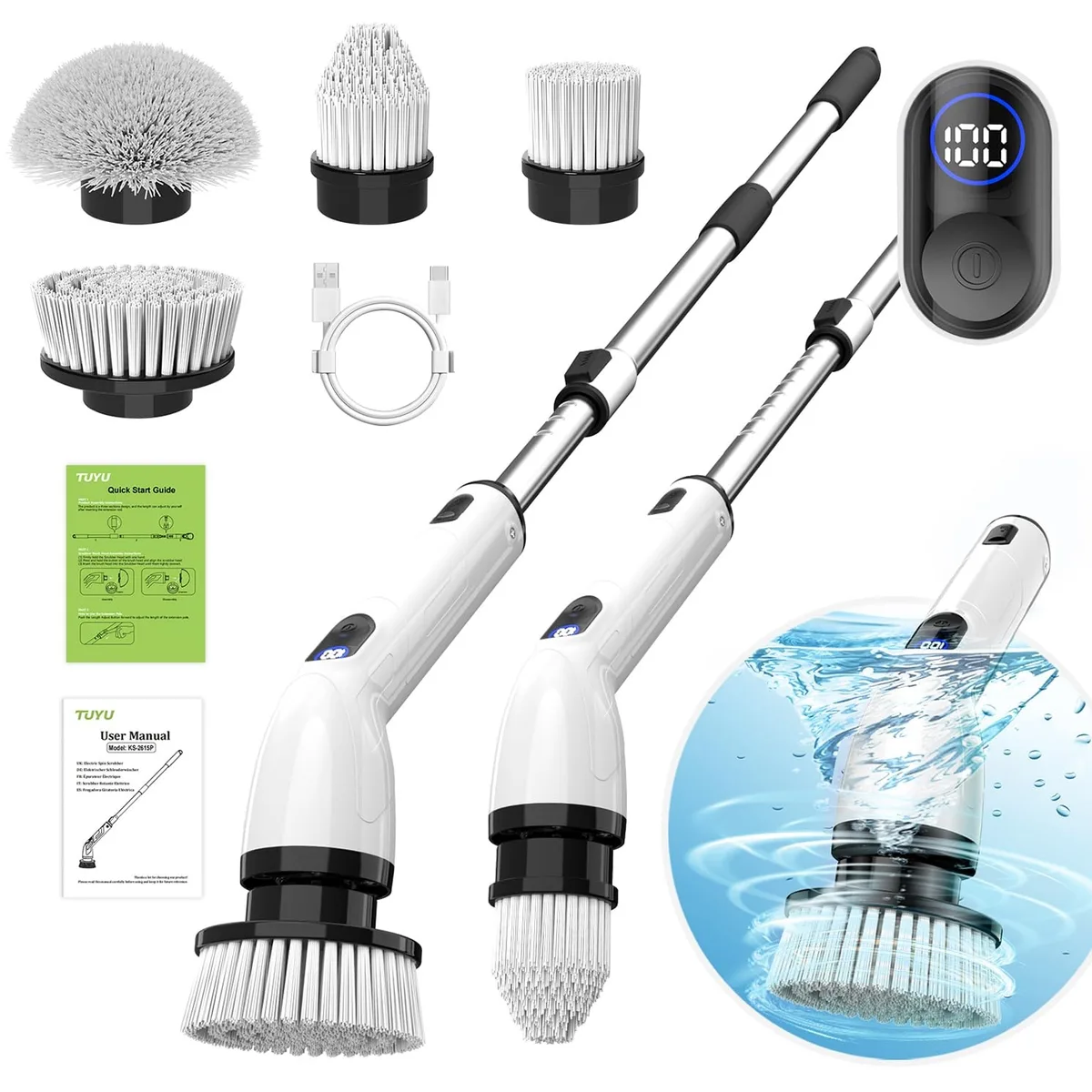 White cordless spin scrubber with long handle and interchangeable brush heads