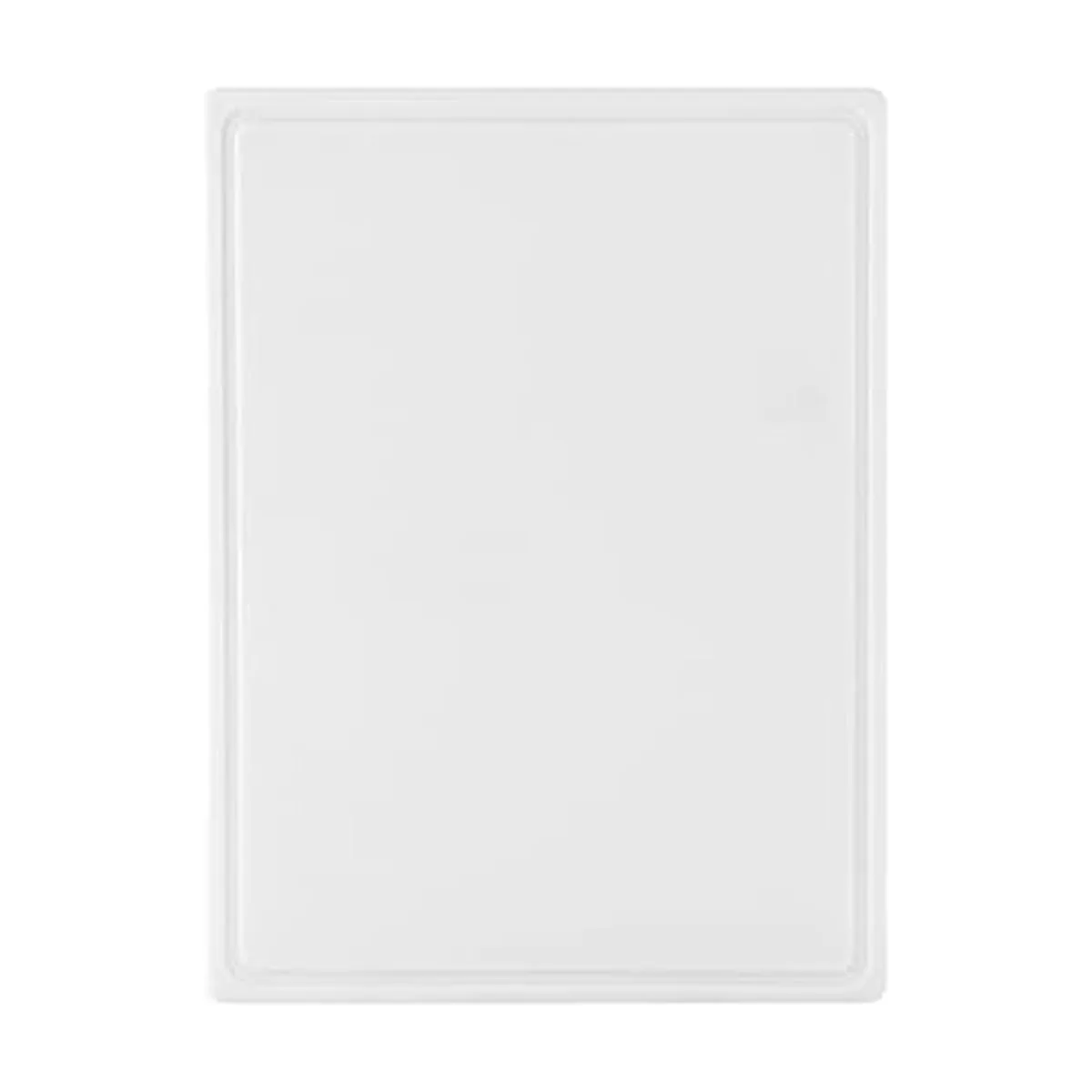 White rectangular plastic cutting board with juice groove and non-slip surface