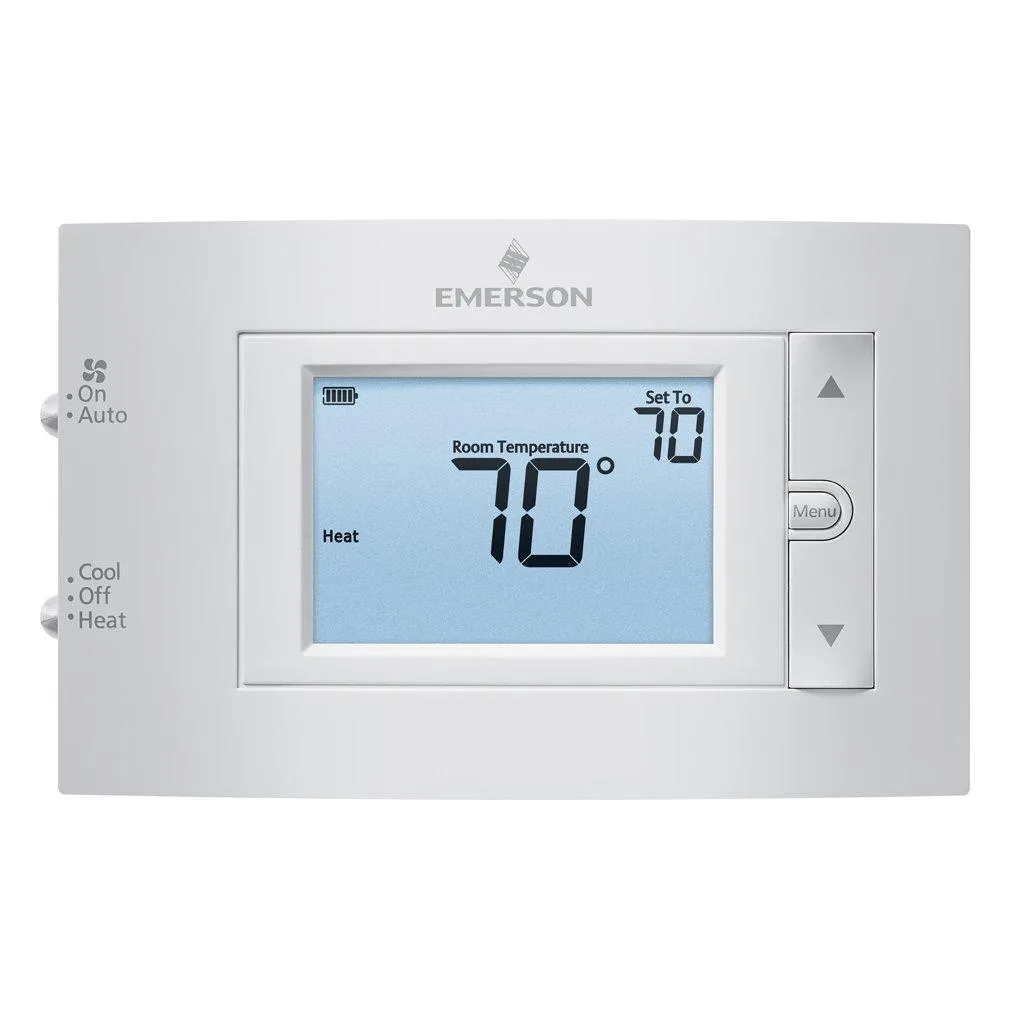 White rectangular wall thermostat with backlit display and push buttons