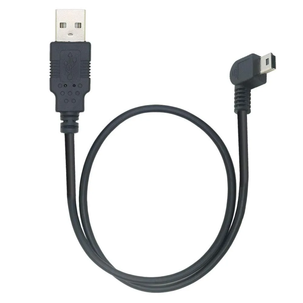 Short black USB 2.0 A to Mini-B 5-pin right-angle cable, 50 cm