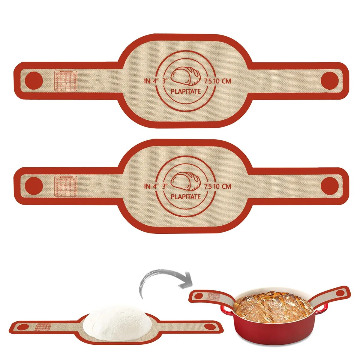Two red oval silicone bread slings with long handles