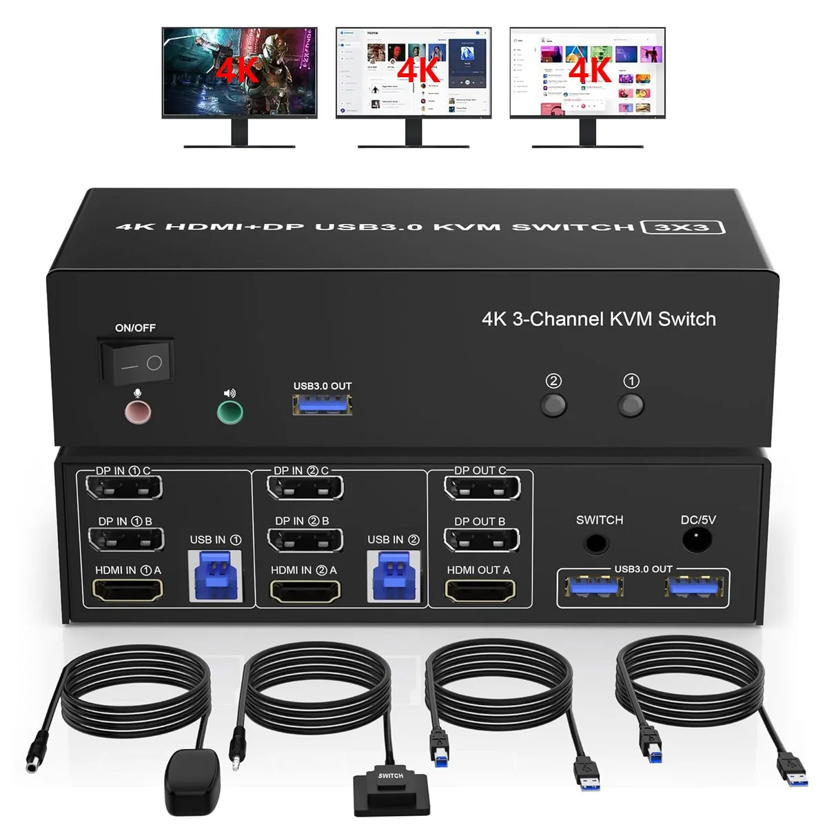 IHDAPP IHDAPP 1 HDMI + 2 DisplayPort 3 Monitor KVM Switch USB 3.0 for 2 Computers 4K@60Hz — product photo