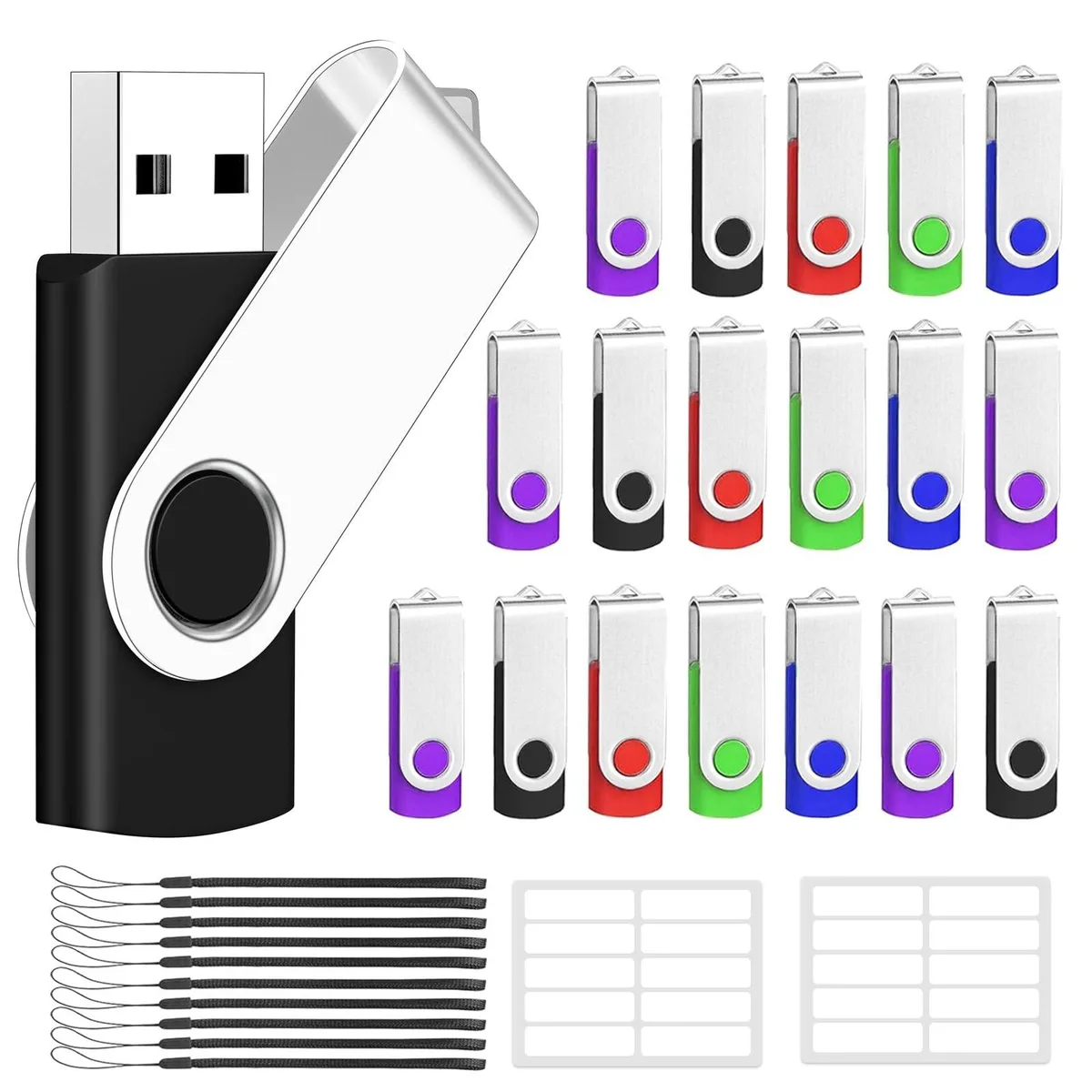 Batianda Batianda 2GB USB 2.0 Flash Drive 20 Pack Mixed Colors Swivel Lanyard — product photo