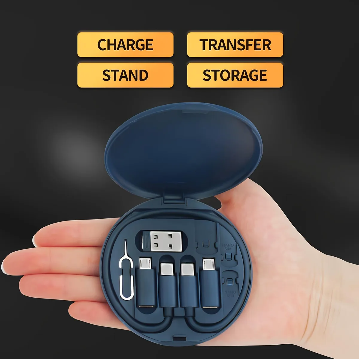 Compact blue and pink all-in-one cable kit in storage case, 3.3 by .4 inches