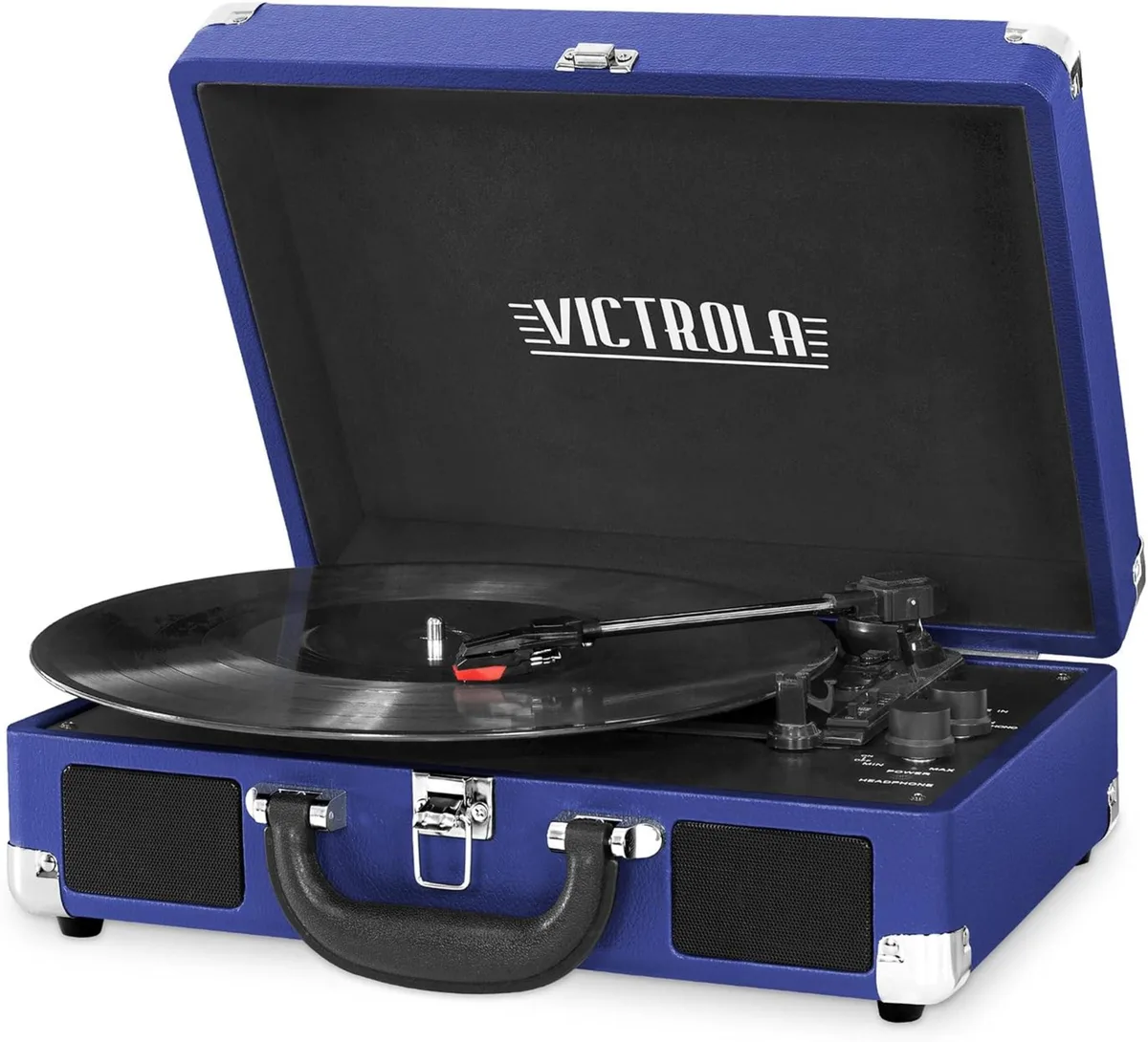 Cobalt blue suitcase turntable with carry handle and built-in speakers