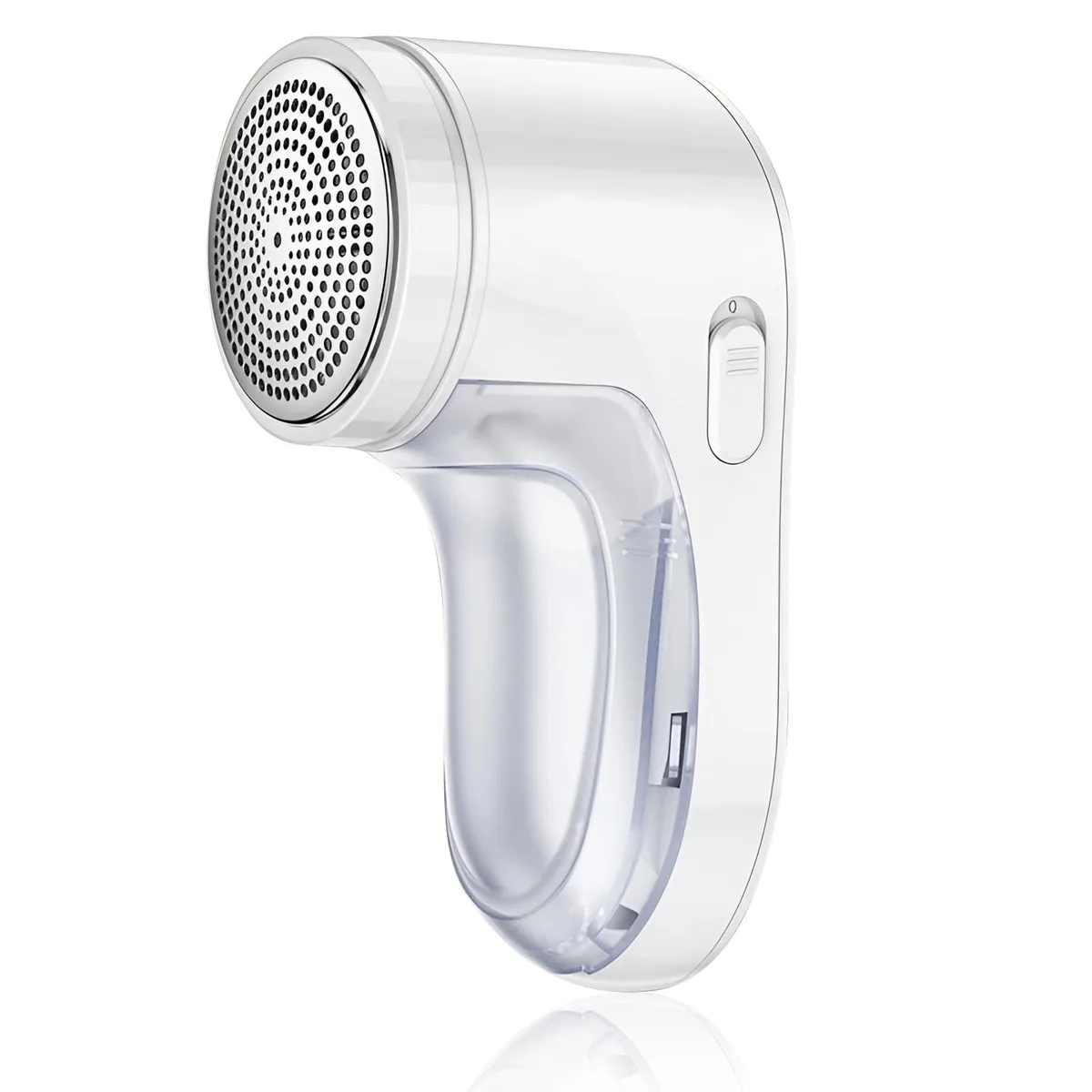 White rechargeable fabric shaver with honeycomb guard and USB cable