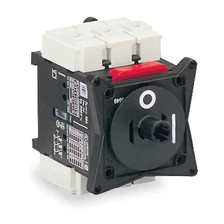 Grey non-metallic enclosed load break switch with DIN rail mounting and shaft opening