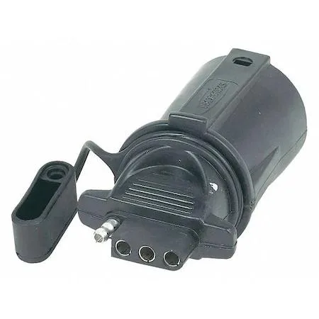 Black plastic wiring adapter with 4-way flat and 7-way blade connectors, includes dust cover