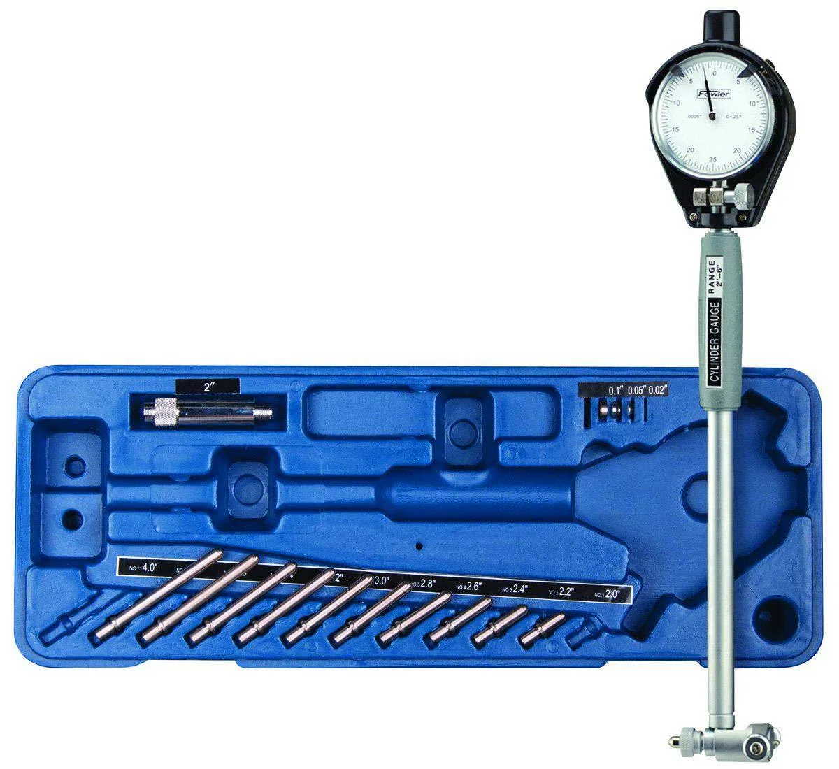 Silver dial bore gauge with insulated grip and carbide-tipped contacts in fitted case