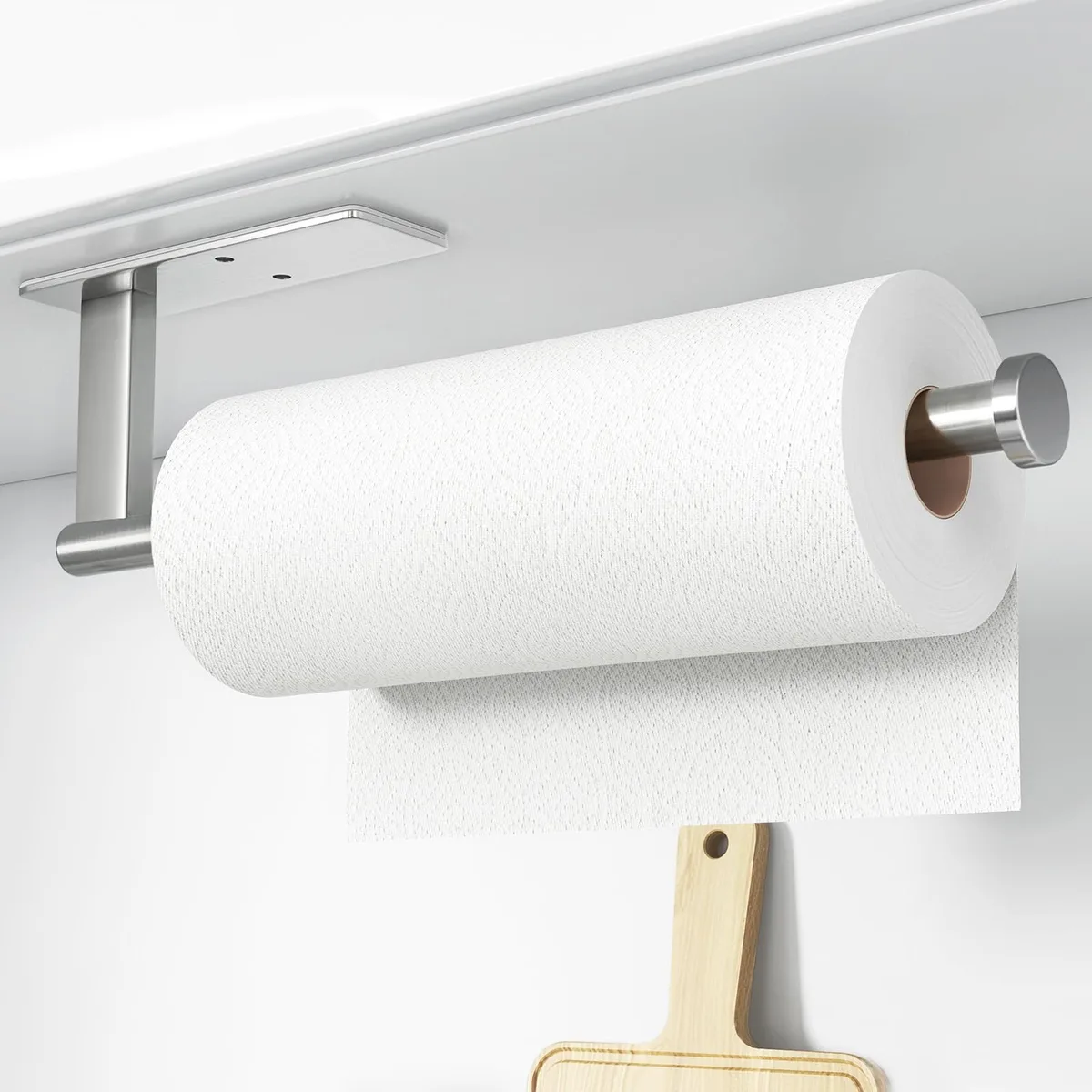Stainless Steel Paper Towel Holder Under Cabinet Self-Adhesive or Drilling Silver 32cm — product photo