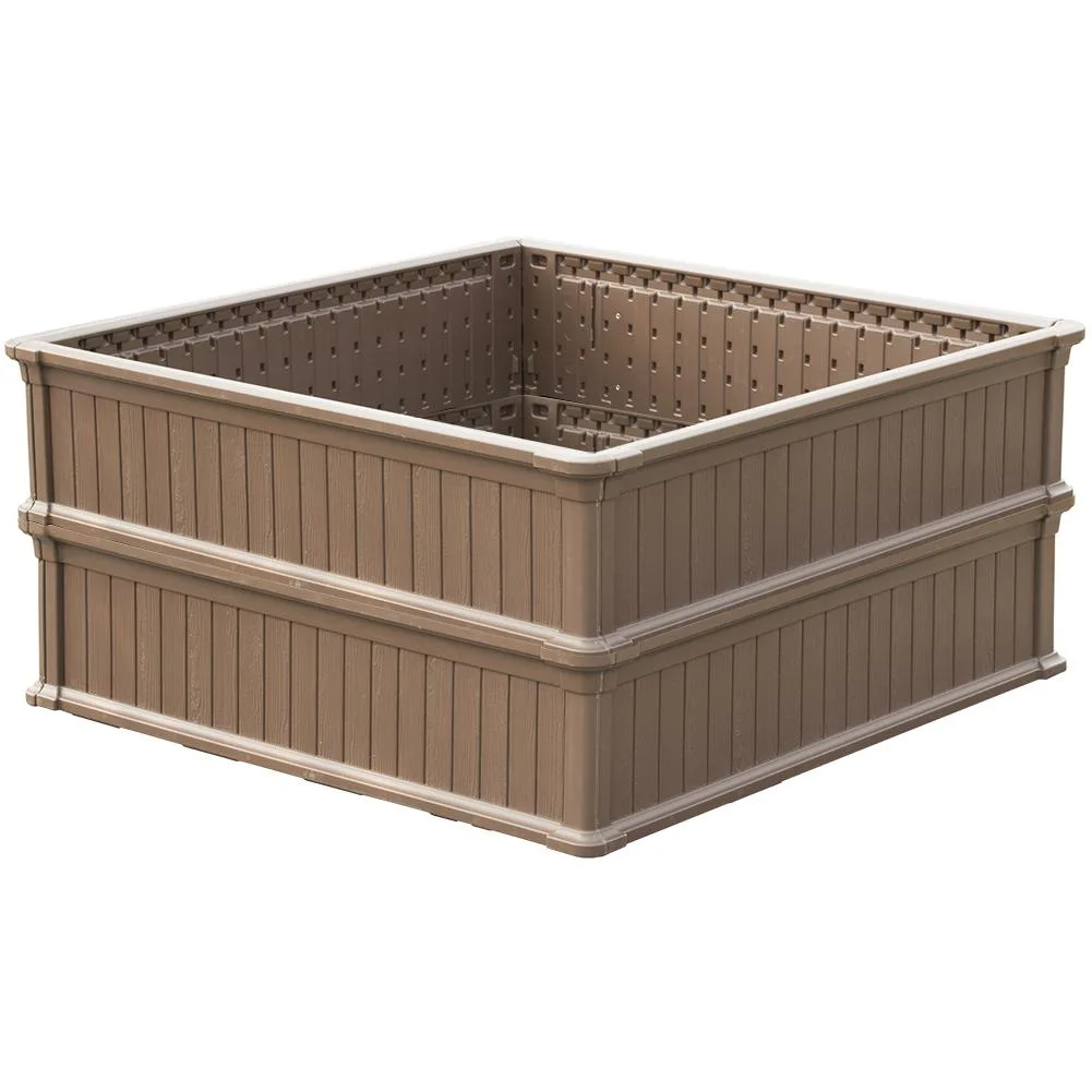 Two brown HDPE garden bed frames, 48.6 by 48.6 inches, 11.8 inches high, stacked side by side