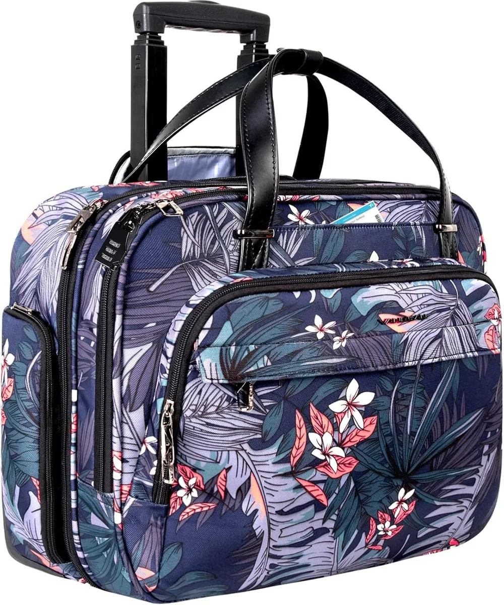 Water-repellent canvas rolling laptop bag with telescoping handle and wheels