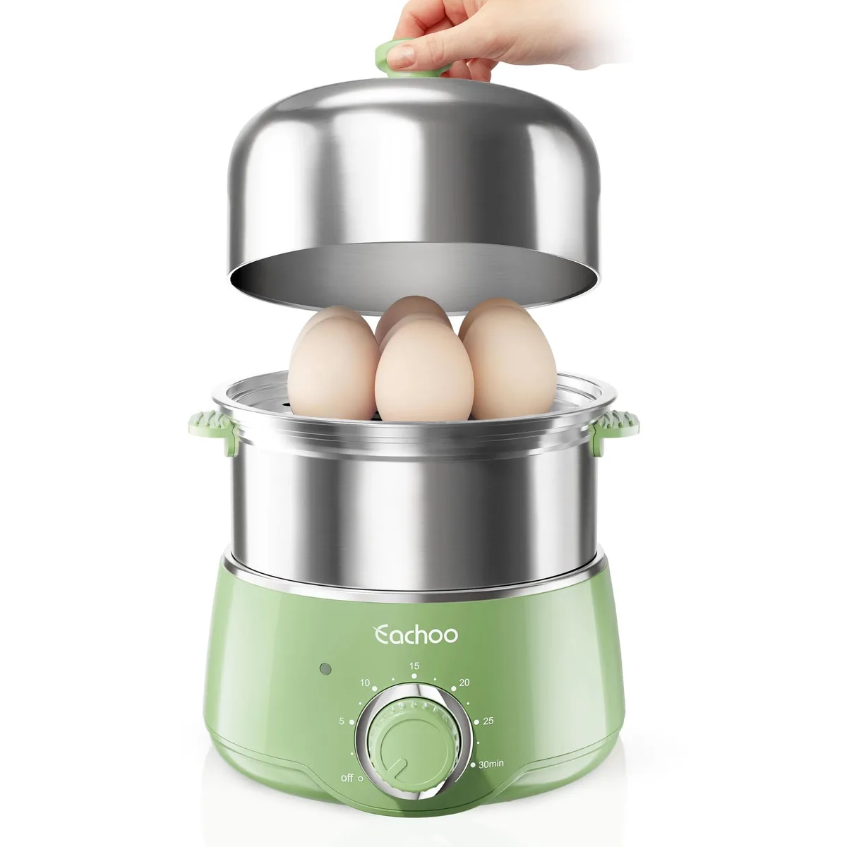 Retro green egg steamer with two stackable trays and a timer dial