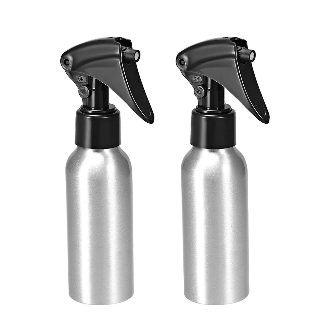 Two brushed aluminium spray bottles, 165mm tall, 45mm diameter, fine mist sprayers