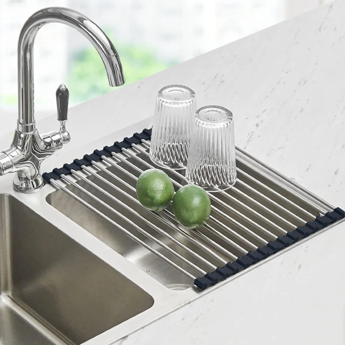 Stainless steel roll-up dish rack over sink 17.5x11.8in