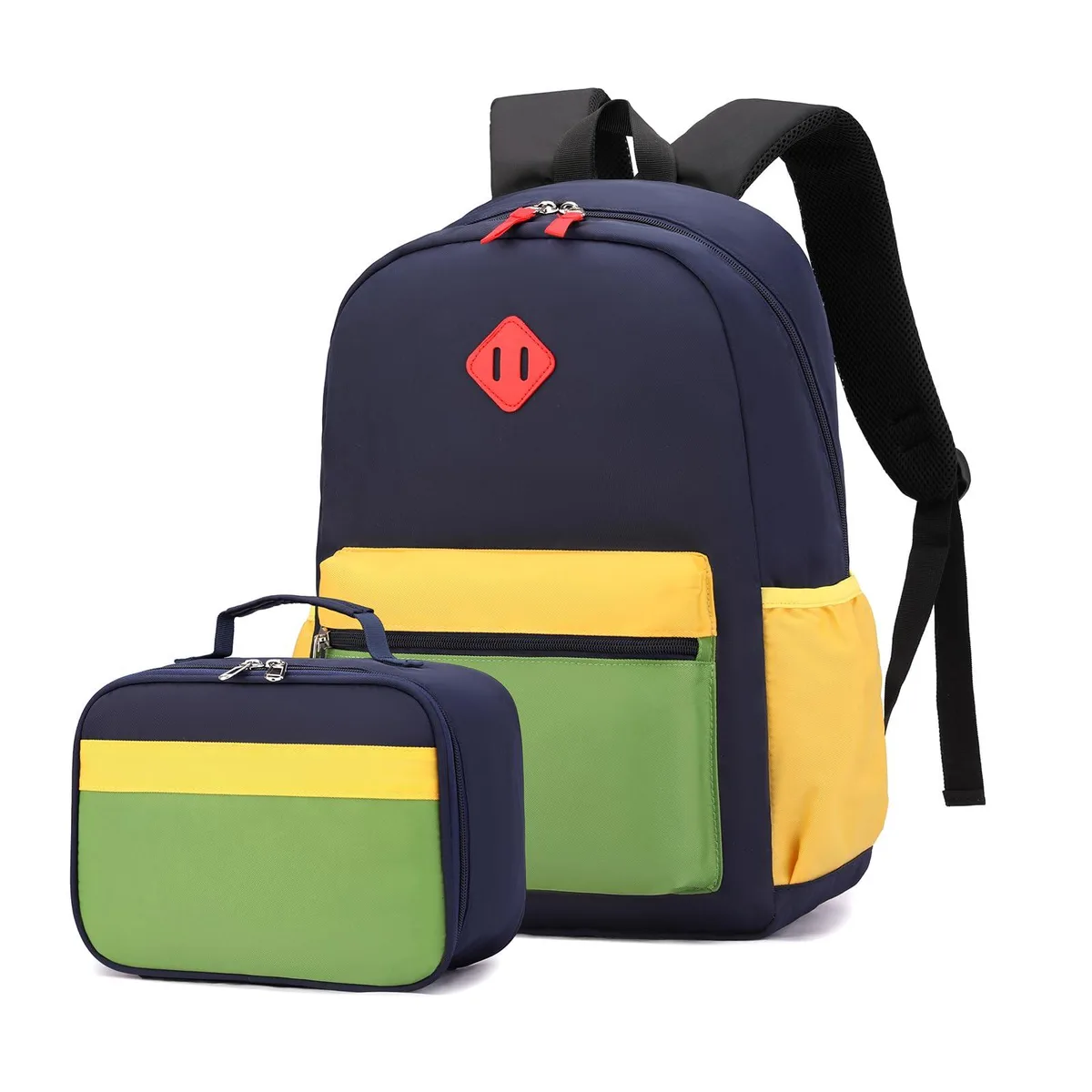 Navy green kids backpack set with matching lunch box, polyester fabric, padded straps, front and side pockets