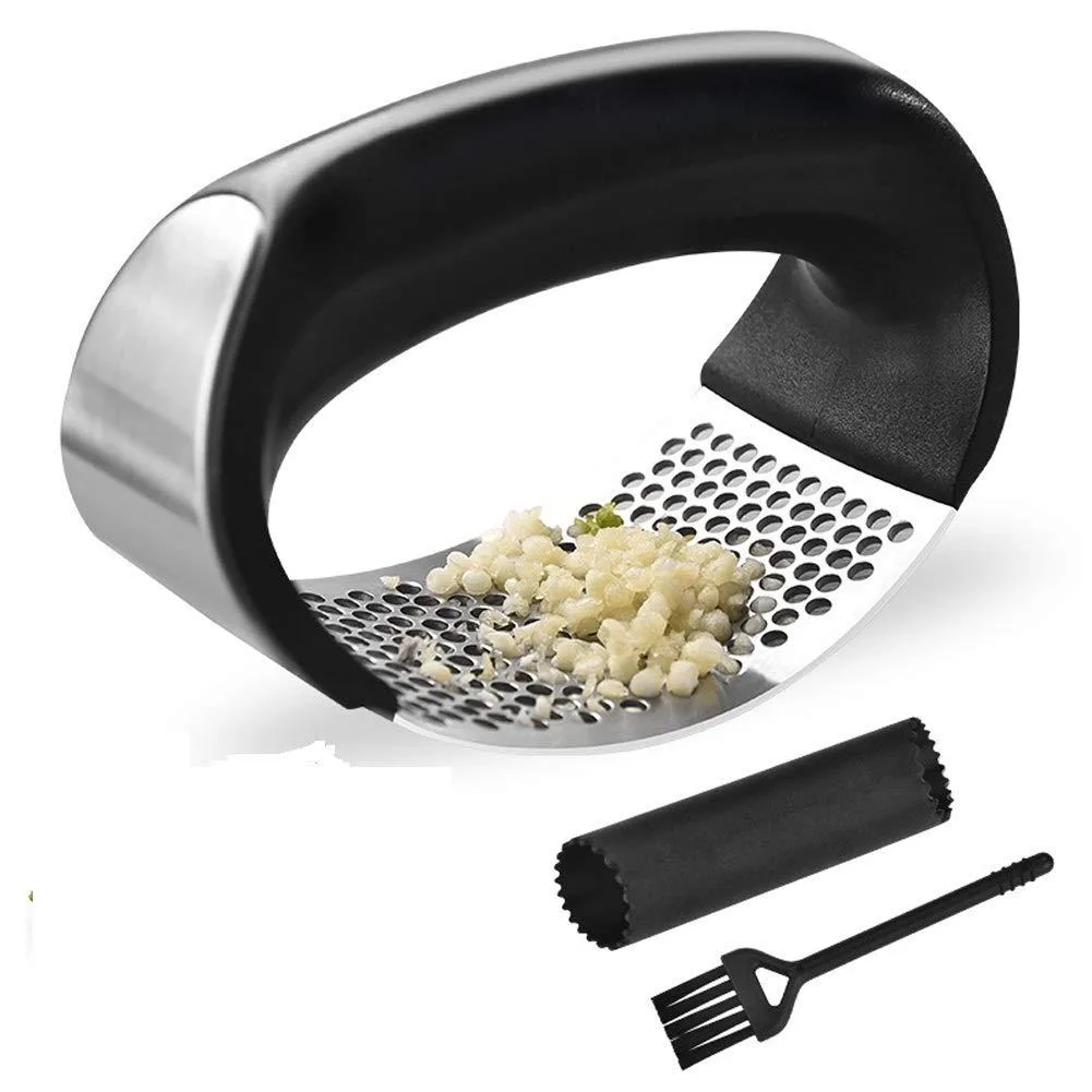 Stainless steel garlic press rocker with black ergonomic handle, includes silicone peeler tube and cleaning brush