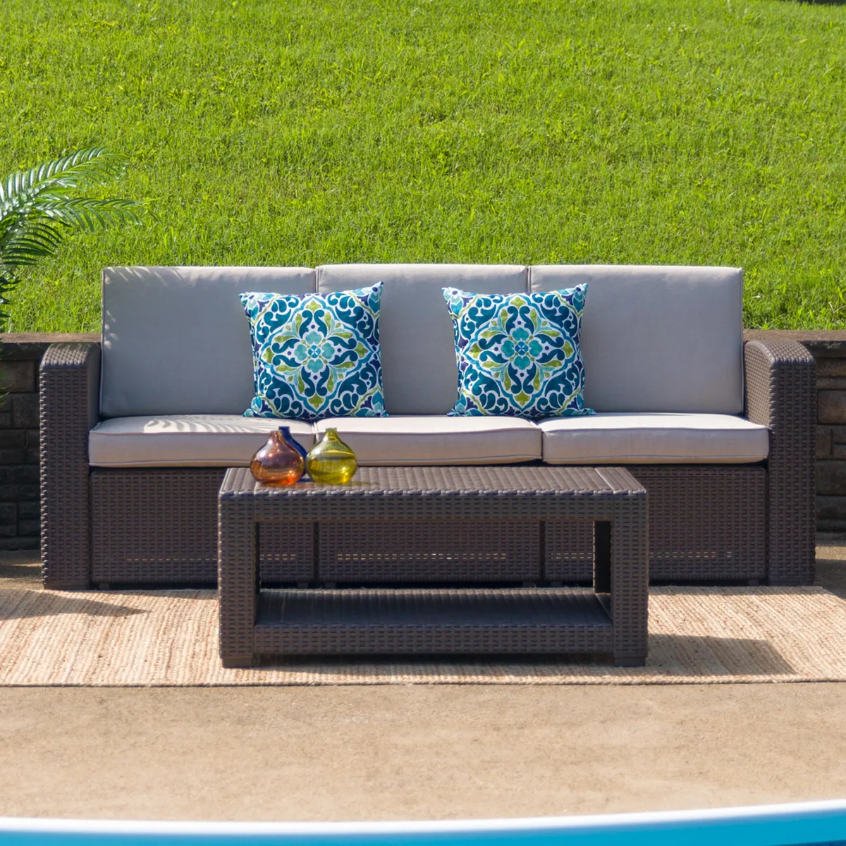 Flash Furniture Flash Furniture Chocolate Brown Faux Rattan Sofa Beige Cushions 78.5"W 32"H — product photo