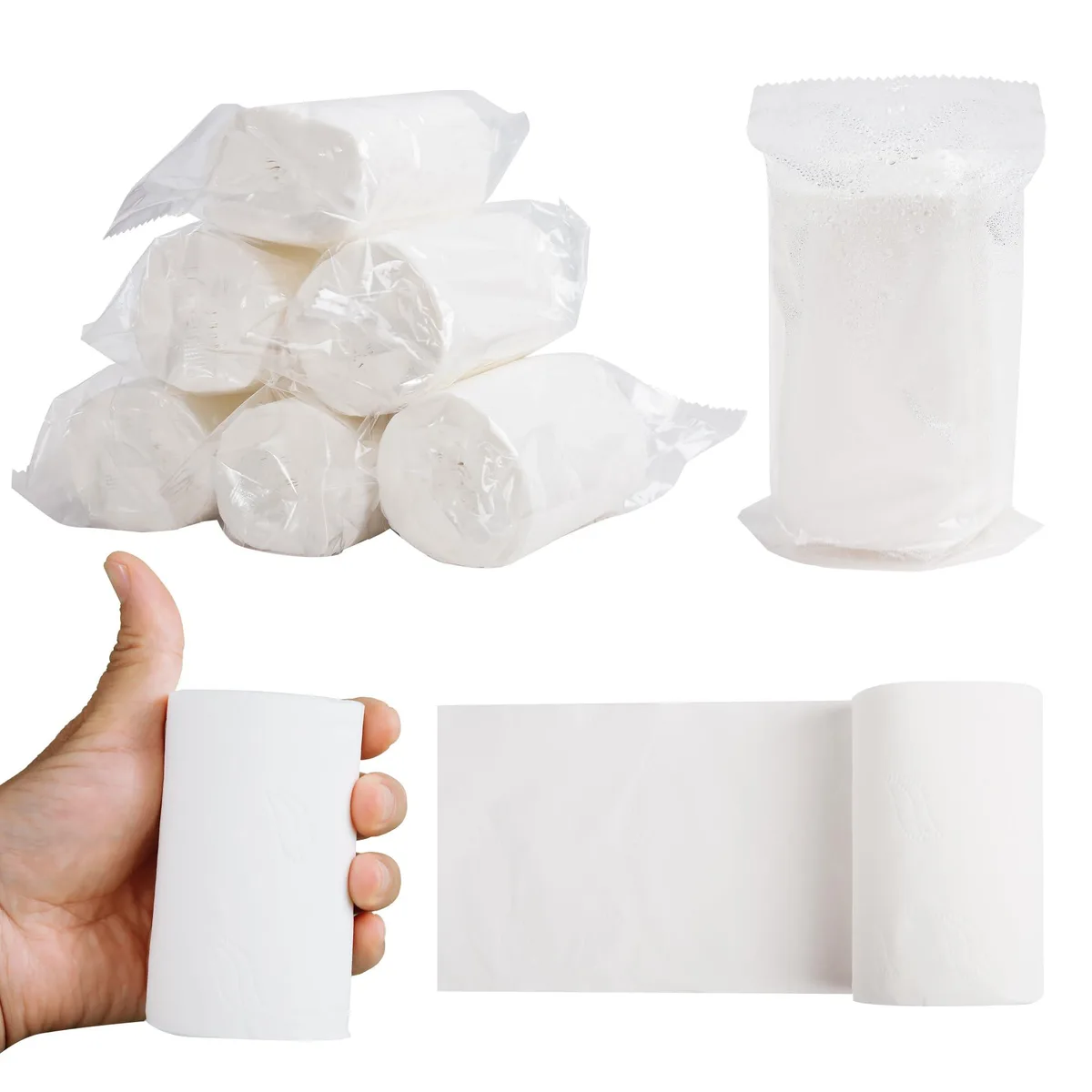 Six individually wrapped white coreless toilet paper rolls in compact pack