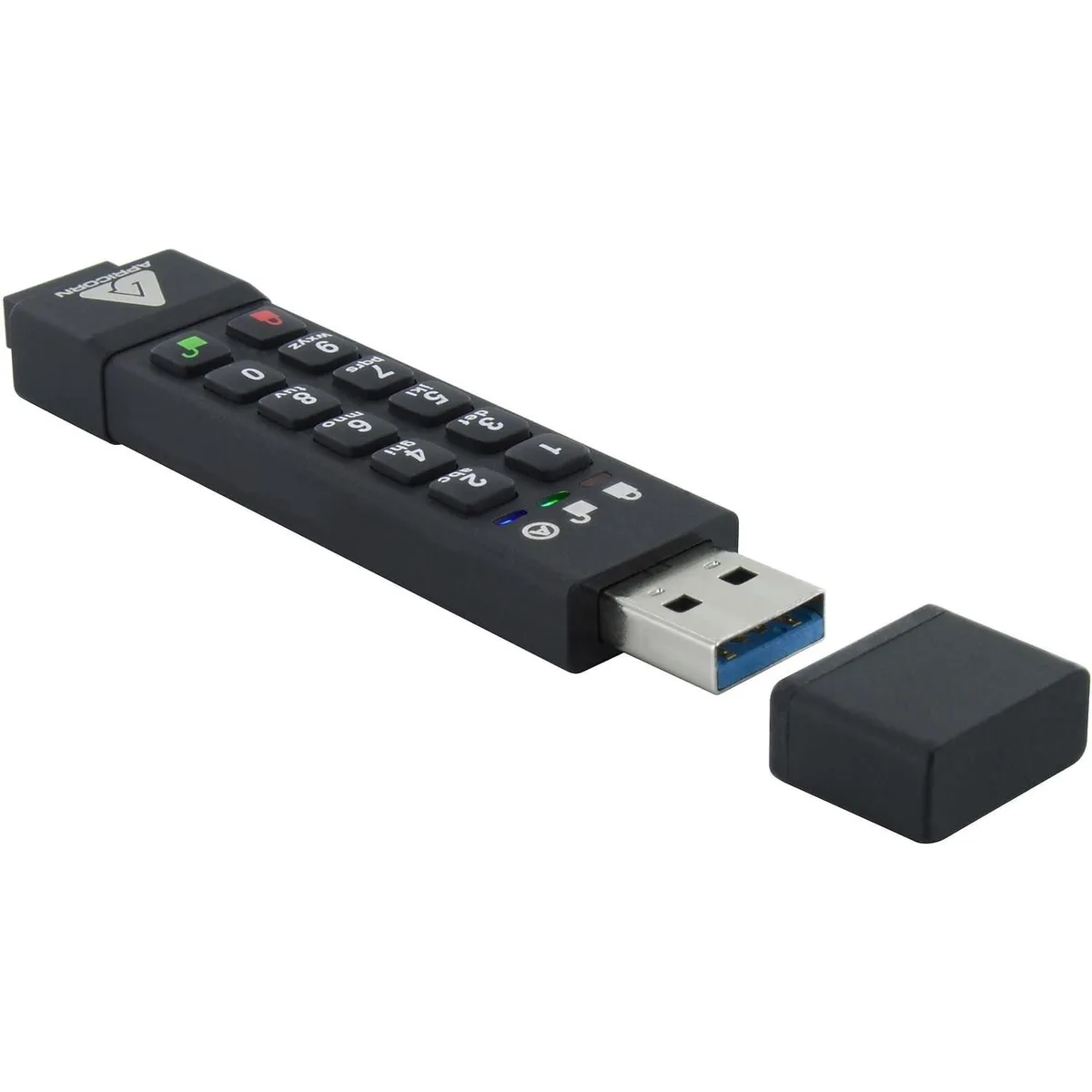 Black rugged aluminium USB flash drive with keypad, IP57 rated