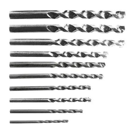 Ten carbide tipped drill bits in bright finish with hex shanks arranged in a set