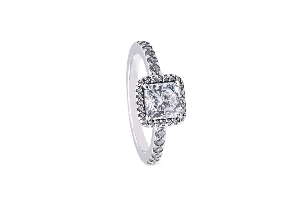 Sterling silver ring with square halo of cubic zirconia